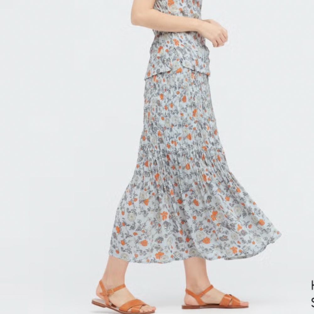 Floral Tiered Maxi Skirt - Light Blue with Orange Floral